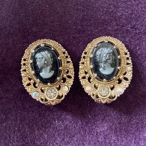 Cameo clip-on earrings. Beautiful black, 3-D cameos with rhinestone accents.